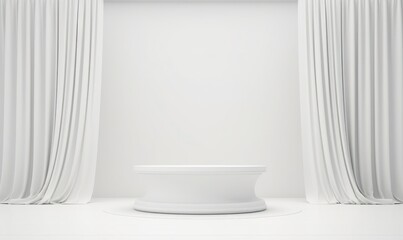 Fototapeta na wymiar Elegant White Display: Symmetrical Curtains and Central Podium for Premium Product Showcases
