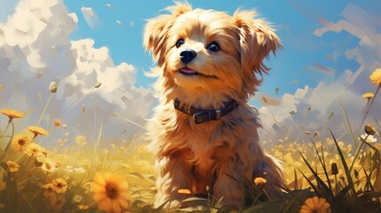 Dog on the meadow field background. - obrazy, fototapety, plakaty