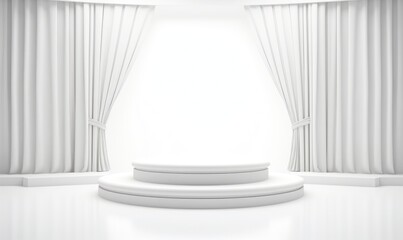 Elegant White Display: Symmetrical Curtains and Central Podium for Premium Product Showcases