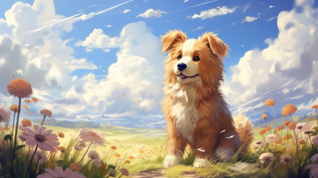 Dog on the meadow field background.