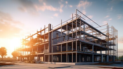 Construction background: A Construction site of large residential commercial building, some already built, large metal structure with bright sky background.