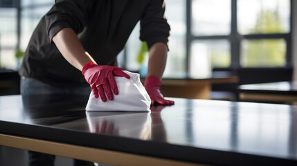 A Close-up of cleaning staff using cloth and spraying disinfectant to wipe down tables in a corporate office. Cleaning staff concept. - obrazy, fototapety, plakaty