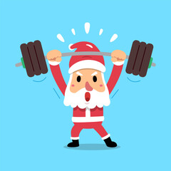 Cartoon santa claus character doing barbell weight training for design.