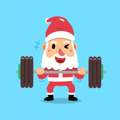Cartoon character santa claus doing barbell weight training for design.