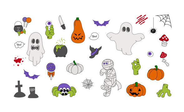 Halloween set with groovy monsters characters in y2k style. Pumpkin, candy, ghost, zombie, spider objects. Cartoon clip art  illustration on isolated background. Vector