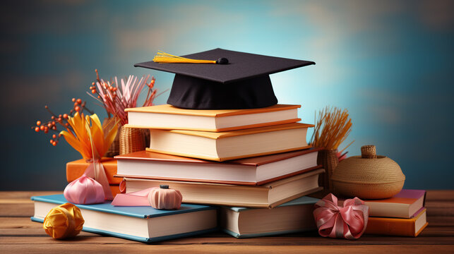 Graduation day.A mortarboard and graduation scroll on stack of books with pencils color in a pencil case on blue background.Education learning concept. - Powered by Adobe