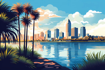 Obraz premium stylized illustration of a modern city skyline with reflective waters and palm trees