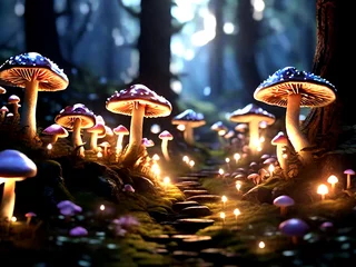 Crédence de cuisine en verre imprimé Forêt des fées A forest of glowing mushrooms. Generative AI