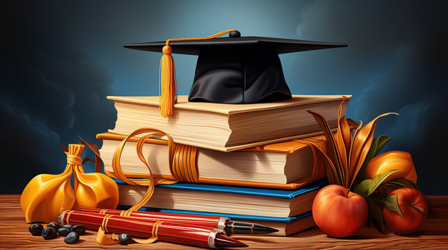 Graduation day.A mortarboard and graduation scroll on stack of books with pencils color in a pencil case on blue background.Education learning concept.