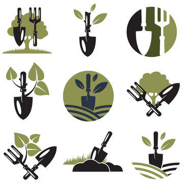 gardening emblems with trowel spade, garden fork and green tree isolated on white background