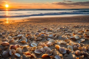 Fototapeta na wymiar coast strewn with shells and clams against the backdrop of sunset coast strewn with shells and clams against the backdrop of sunset 