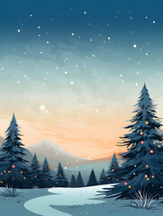 A serene winter scene with christmas trees and a luminous moon against a starlit sky at dusk. - obrazy, fototapety, plakaty