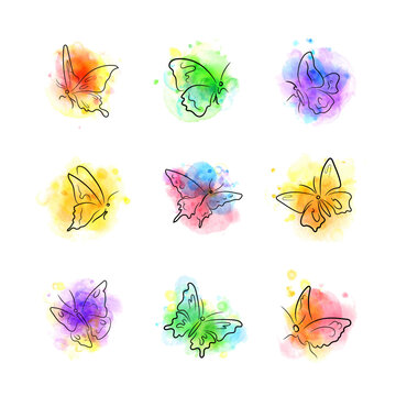 Set of hand-drawn butterflies, ink, watercolor