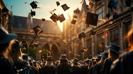 Graduates student Graduation caps thrown in the Air Blue sky 