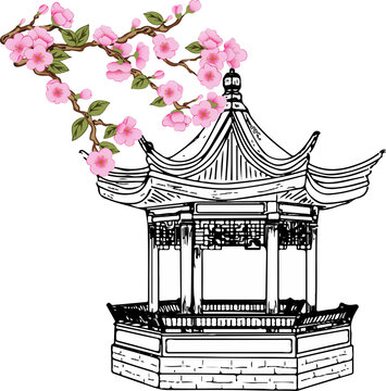 pagoda with pink cherry blossoms clip art preview