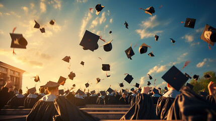 Graduates student Graduation caps thrown in the Air Blue sky 