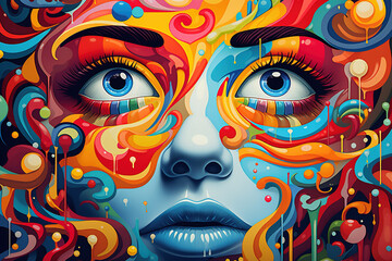 Close-up of female face. Abstract acid colorful illustration