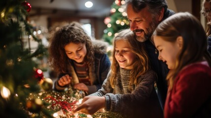 Obraz na płótnie Canvas Christmas tree decoration, Father and kids at home, Xmas celebration for the family 