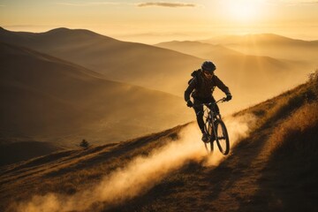 Silhouette of a man on a bicycle in the mountains at sunset. Sports, active healthy lifestyle, travel concepts