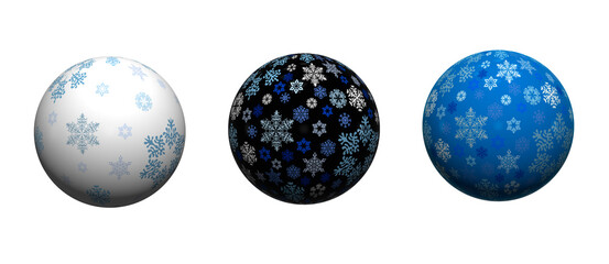 Three winter balls with snowflakes on a white background. 3D.

