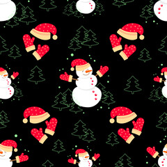 Seamless winter pattern with snowmen and fir trees on a black background. Design element for clothes, cards, textiles, fabrics, wallpapers, wrapping paper