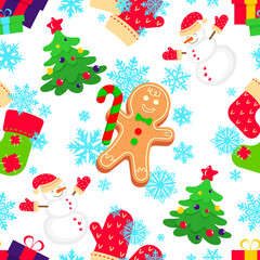 Seamless holiday pattern with traditional Christmas and New Year symbols. Design element for clothes, cards, textiles, fabrics, wallpapers, wrapping paper