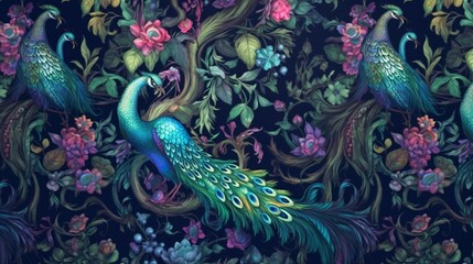 Obraz na płótnie Canvas liberty style wallpaper with peacocks and jewel toned.Generative AI