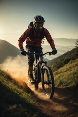 A man wearing a helmet rides a bicycle in the mountains. Sports, active healthy lifestyle, travel concepts Silhouette of a cyclist - obrazy, fototapety, plakaty