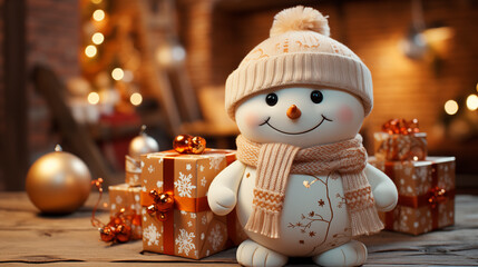 joyful incredible positive snowman in a great mood with gifts is waiting for the children for Christmas