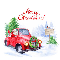 aquarelle clipart Santa Сlaus in greeting rides in the red truck with firs, on snow way and white background for Christmas card