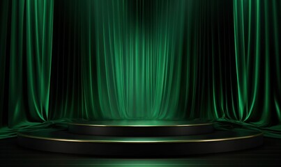Green Emerald Display: Symmetrical Curtains and Central Podium for Premium Product Showcases