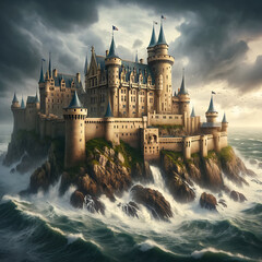 A captivating illustration of a grand medieval castle on a cliff overlooking a tumultuous sea.