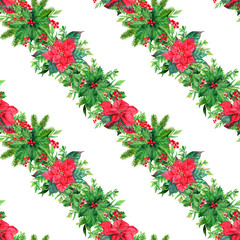 Hand -painted seamless pattern with traditional Holiday red-green decorations on the green background. Isolated. For wallpapers, textile, wrapping paper