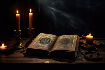 Magic ritual book and burning candles on the table in dark room