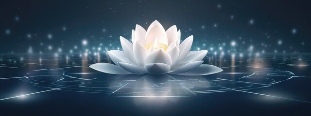 Beautiful white water lily or lotus. Radiant flower with rays of light. Enlightenment and universe. Magic spa and relaxation banner with copy space. Concept of religion, kundalini and meditation