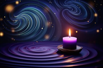 Purple candle burning on dark blue background with soft blurry lights and glittering . Esoteric spiritual practice, magical atmosphere. Advent candle with Season of Hope, All Souls Day