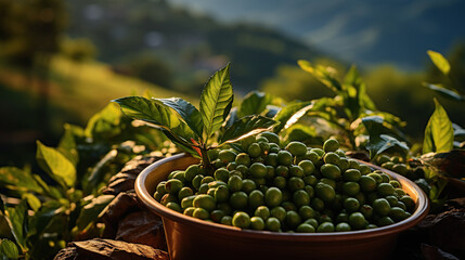 Coffee beans ripening, fresh coffee,red berry branch, industry agriculture on tree in North of Asia