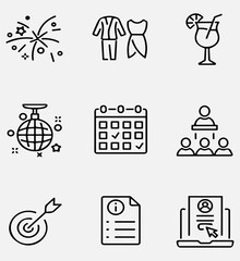Set of event planning outline icons, organization. Linear icon collection. Vector illustration