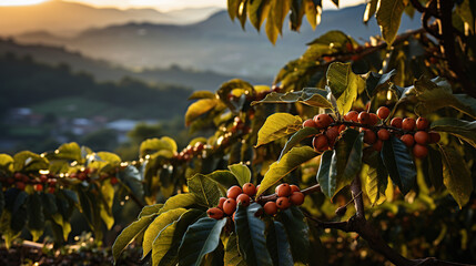 Coffee beans ripening, fresh coffee,red berry branch, industry agriculture on tree in North of Asia