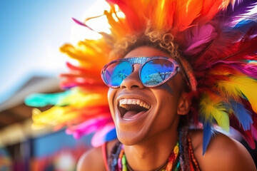 Experience the Energy of Carnival, happy person in carnival party wearing Feather Costume and sunglasses