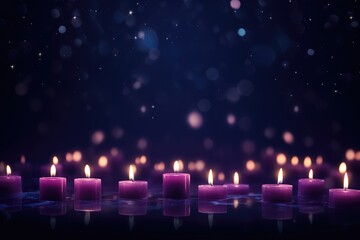 Flaming pink aroma candles at night on blurred purple background with bokeh lights. Candles in church as catholic symbol. Abstract festive backdrop. Christmas eve banner with copy space - obrazy, fototapety, plakaty