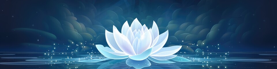 Beautiful white water lily or lotus. Radiant flower with rays of light. Enlightenment and universe. Magic spa and relaxation banner. Concept of religion, kundalini and meditation - obrazy, fototapety, plakaty