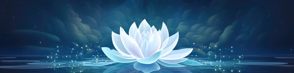 Foto op Canvas Beautiful white water lily or lotus. Radiant flower with rays of light. Enlightenment and universe. Magic spa and relaxation banner. Concept of religion, kundalini and meditation © ratatosk