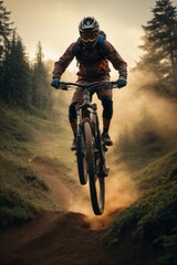 A male cyclist wearing a helmet does tricks and jumps on a bicycle in the forest mountains at sunset. Sports, active healthy lifestyle, travel concepts