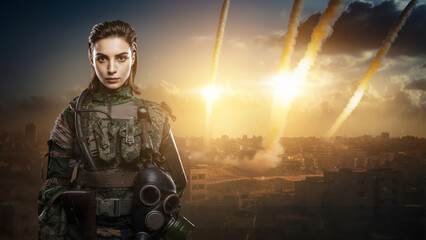 The portrait of a self-assured female soldier in military attire, defiantly posing as rockets rain...