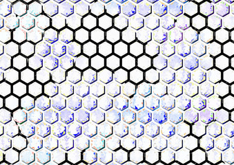 Abstract design masterpiece: Hexagonal pattern with black and white divisions, cool-colored cells on a liquid metallic surface - 676414048