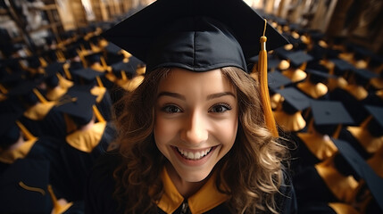 Obraz premium Happy, beautiful high school girl graduate in cap and gown, Carefree high school girl graduate with friends in cap and gown 