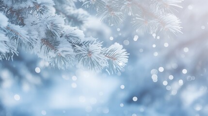 Close up winter fir tree branches with snow background.