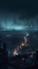 Gloomy night cityscape with smoking chimneys on background. Industrialization and atmospheric pollution concept