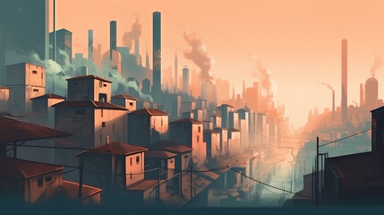 Town street illustration with smoking chimneys on background. Industrialization and atmospheric pollution concept